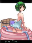  1girl back bucket from_behind green_eyes green_hair hair_bobbles hair_ornament highres hose kisume looking_back namauni open_mouth solo sweatdrop swimsuit touhou 