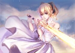  1girl ahoge bare_shoulders blonde_hair blurry bow caliburn depth_of_field dress fate/unlimited_codes fate_(series) gloves glowing glowing_sword glowing_weapon hair_bow haitang ponytail saber saber_lily solo sword weapon 