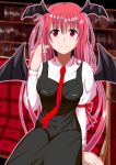  1girl akagane03 aura bat_wings black_dress blurry blush book bookshelf breasts couch depth_of_field dress dress_shirt head_wings highres koakuma large_breasts library long_hair long_sleeves looking_at_viewer necktie red_eyes redhead shirt sitting slit_pupils smile solo touhou very_long_hair voile wings 