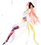  1girl :&lt; anatidae arms_behind_head arms_up breasts brown_eyes china_dress chinese_clothes elbow_gloves full_body gintama gloves kagura_(gintama) long_hair looking_at_viewer orange_hair profile sash single_sleeve sketch solo thigh-highs 