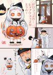  1boy 2girls admiral_(kantai_collection) ahoge barefoot black_panties blush breasts comic detached_sleeves dress halloween hat highres horn horns jack-o&#039;-lantern kantai_collection large_breasts lee_(colt) long_hair mittens multiple_girls northern_ocean_hime orange_eyes pale_skin panties ribbed_dress seaport_hime shinkaisei-kan tears translation_request underwear white_dress white_hair witch_hat 