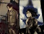  1boy 1girl adjusting_scarf anatidae belt black_hair bust coat cowboy_shot levi_(shingeki_no_kyojin) lips looking_at_viewer mikasa_ackerman open_mouth pants scarf shingeki_no_kyojin shirt short_hair sketch thigh_strap uniform wind 