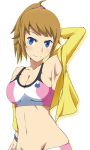  1girl anzuu arm_behind_head blue_eyes breasts brown_hair gundam gundam_build_fighters gundam_build_fighters_try hoshino_fumina jacket looking_at_viewer navel ponytail short_hair simple_background smile solo sports_bra white_background 