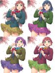  4girls :o blazer blue_hair blush bow braid brown_hair cherry_blossoms cherry_trees diploma hair_ornament hairclip highres hisho_collection komase_(jkp423) multiple_girls open_mouth petals plaid plaid_bow pleated_skirt ponytail purple_hair skirt tears wind_lift wiping_tears 