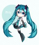  1girl aqua_eyes aqua_hair character_name chibi detached_sleeves hatsune_miku headset long_hair necktie nou skirt smile solo striped striped_background thigh-highs twintails very_long_hair vocaloid 