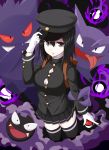  1girl akitsu_maru_(kantai_collection) backpack bag black_background black_hair black_legwear black_skirt breasts gastly gengar gloves hat hat_tip haunter kantai_collection long_sleeves looking_at_viewer military military_hat military_uniform note_(aoiro_clip) pale_skin peaked_cap pleated_skirt poke_ball pokemon short_hair skirt thigh-highs uniform white_gloves 