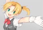  1girl :d arm_up blonde_hair bust gloves green_eyes grey_background kamoto_tatsuya kantai_collection looking_at_viewer maikaze_(kantai_collection) open_mouth outstretched_arms short_hair short_ponytail smile solo spread_arms twitter_username white_gloves 