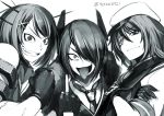  3girls bust cape cardigan crossed_arms eyepatch fingerless_gloves gloves grin hat headgear hetza_(hellshock) kantai_collection kiso_(kantai_collection) looking_at_viewer maya_(kantai_collection) middle_finger monochrome multiple_girls muscle necktie sailor_hat short_hair simple_background smile tenryuu_(kantai_collection) tongue tongue_out twitter_username white_background 