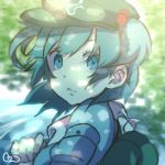  1girl backpack bag blonde_hair blue_eyes bust dress face hair_bobbles hair_ornament kawashiro_nitori long_sleeves looking_at_viewer looking_back lowres open_mouth plant pocket reflection shirt short_hair short_twintails solo touhou tree twintails water 