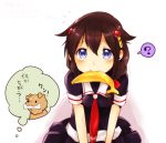  1girl banana black_serafuku blue_eyes braid brown_hair dog food fruit hair_flaps hair_ornament kantai_collection looking_at_viewer mouth_hold neckerchief pleated_skirt sailor_collar school_uniform serafuku shigure_(kantai_collection) simple_background single_braid skirt solo thought_bubble umino_(anesthesia) white_background 