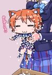  2girls :3 =_= animal_ears blazer blue_bow blue_clothes blush_stickers bowtie box cardboard_box cat_ears cat_girl cat_tail chibi foam_pellets hoshizora_rin k10k koizumi_hanayo lifting_person love_live!_school_idol_project multiple_girls no_shoes orange_hair outstretched_arms package pink_background plaid plaid_skirt school_uniform short_hair simple_background skirt socks solo_focus tail 