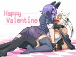  2girls ass blonde_hair breasts chocolate dark_skin fingerless_gloves glasses gloves kantai_collection long_hair mouth_hold multiple_girls musashi_(kantai_collection) purple_hair red_eyes sarashi short_hair skirt straddling tenryuu_(kantai_collection) thigh-highs torinitea under_boob valentine yuri zettai_ryouiki 