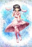  1girl animal_ears black_hair carrot carrot_necklace character_name dress inaba_tewi looking_at_viewer mittens rabbit_ears red_eyes scarf short_hair smile snowflakes solo thigh-highs touhou umigarasu_(kitsune1963) winter_clothes 