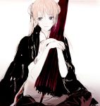  1girl anatidae blue_eyes china_dress chinese_clothes coat crossed_legs double_bun gintama hair_bun hands_together holding indian_style kagura_(gintama) lips long_hair looking_away looking_to_the_side orange_hair sitting sketch smile solo umbrella 