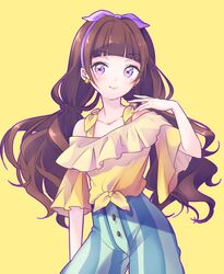  1girl amanogawa_kirara brown_hair earrings go!_princess_precure hairband highres jewelry long_hair precure shiguri simple_background smile solo star star_earrings twintails vertical_stripes violet_eyes yellow_background 