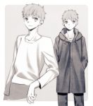  2boys dual_persona emiya_shirou fate/stay_night fate_(series) greyscale monochrome multiple_boys raincoat tam_(cuq) 