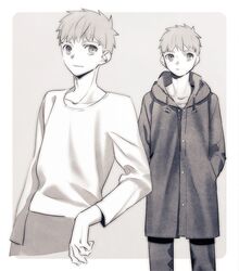  2boys dual_persona emiya_shirou fate/stay_night fate_(series) greyscale monochrome multiple_boys raincoat tam_(cuq) 