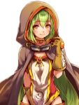  1girl breasts brown_eyes cape cleavage gas_welder_(ole_tower) gloves goggles goggles_around_neck green_hair hood long_hair mataichi_matarou ole_tower smile solo 