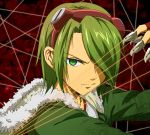  1boy akame_ga_kill! bust coat gloves goggles goggles_on_head green_eyes green_hair hair_over_one_eye hoodie long_sleeves lubbock short_hair solo wire 