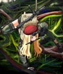  1girl backpack bag beret blonde_hair blue_eyes camouflage coh gloves green_legwear gun hat jacket knife long_sleeves military military_uniform mouth_hold nature original solo thigh-highs uniform weapon 