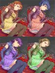  4girls blue_hair brown_gloves brown_hair brown_legwear circlet couch dress elbow_gloves forehead gloves green_dress green_gloves green_legwear highres hisho_collection jewelry komase_(jkp423) multiple_girls navy_blue_legwear over-kneehighs pink_dress pipe purple_dress purple_hair red_eyes sitting smoke thigh-highs yellow_dress 