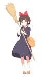  1girl bag bow broom brown_eyes brown_hair dress expressionless full_body hair_bow hairband handbag highres holding kiki looking_away looking_to_the_side majo_no_takkyuubin nekoze shoes short_hair simple_background solo white_background 