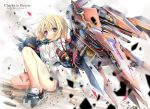  1girl blonde_hair blurry blush breasts bullet character_name charlotte_dunois depth_of_field gun infinite_stratos legs machinery mecha_musume rafale_revive_custom_ii revision school_uniform shell_casing shino_(eefy) solo violet_eyes weapon 