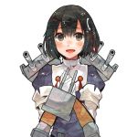  1girl black_hair blouse breasts brown_eyes cannon elbow_gloves gloves haguro_(kantai_collection) hair_ornament itomugi-kun kantai_collection open_mouth short_hair smile solo turret white_gloves 