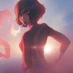  1girl bust cigarette from_behind gloves hand_on_hip ilya_kuvshinov lens_flare lips looking_at_viewer looking_back mouth_hold short_hair smoke smoking solo tagme 