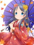  1girl autumn_leaves bag black_hair blue_eyes child female floral_print hair_flower hair_ornament highres japanese_clothes kimono long_hair long_sleeves makuran obi oriental_umbrella original red_flower sash smile solo umbrella wide_sleeves yellow_flower 