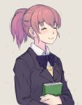  1girl ^_^ book bowtie brown_hair closed_eyes fong_(gychuchu) grey_background happy hearing_aid holding holding_book koe_no_katachi long_hair nishimiya_shouko ponytail purple_bow school_uniform simple_background smile solo 