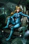  blonde_hair gun highres hologram imdrunkontea metroid ponytail redesign samus_aran weapon zero_suit 