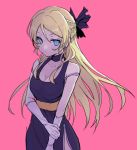  1girl ayase_eli blonde_hair blue_eyes holding_arm long_hair looking_at_viewer love_live!_school_idol_project pink_background simple_background solo suganemui 