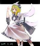  1girl blonde_hair bow bowtie dated dress drill_hair hair_bow hat letterboxed long_sleeves luna_child namauni open_mouth red_eyes ribbon running short_hair simple_background sketch slippers solo sweatdrop touhou white_background wide_sleeves wings 