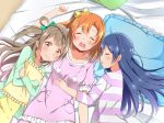  3girls bed blue_hair blush bow brown_eyes brown_hair closed_eyes dorisu2 drooling hair_bow kousaka_honoka long_hair love_live!_school_idol_project minami_kotori multiple_girls orange_hair pajamas pillow pillow_hug side_ponytail sleeping smile sonoda_umi 