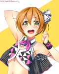  1girl :d arm_behind_head arm_up armpits blush bust dated flat_chest green_eyes hairband highres hoshizora_rin looking_at_viewer love_live!_school_idol_project navel open_mouth orange_hair short_hair smile solo wristband yu-ta 