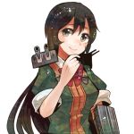 1girl black_hair blouse breasts brown_eyes cannon catapult chikuma_(kantai_collection) itomugi-kun kantai_collection long_hair short_sleeves single_elbow_glove smile solo turret 