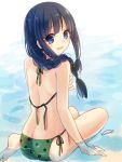  1girl ass bangs bikini black_hair blunt_bangs braid from_behind hime_cut kantai_collection kitakami_(kantai_collection) long_hair looking_at_viewer looking_back nunucco open_mouth panties payot side-tie_bikini side-tie_panties sitting sitting_on_water swimsuit underwear 