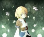  1girl arm_warmers blonde_hair blush cowboy_shot frown green_eyes light_particles looking_away looking_to_the_side mizuhashi_parsee nekoze pointy_ears sash scarf shirt short_hair solo touhou 