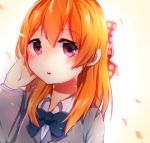  1girl black_bow blazer blush bow bowtie fukkura gekkan_shoujo_nozaki-kun gradient gradient_background hair_bow hair_tucking hand_in_hair long_hair looking_at_viewer open_mouth orange_hair polka_dot polka_dot_bow red_bow sakura_chiyo school_uniform solo violet_eyes 