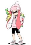  1girl anbe_masahiro bike_shorts hat hoodie inkling knit_hat pink_eyes pink_hair shoes smile sneakers splatoon super_soaker 