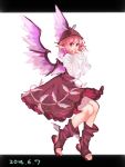  1girl bird_wings boots covering_mouth dated dress frilled_dress frilled_skirt frills hand_to_own_mouth hat highres knee_boots letterboxed long_sleeves looking_at_viewer mystia_lorelei namauni pink_hair red_eyes shirt short_hair simple_background skirt solo touhou white_background 
