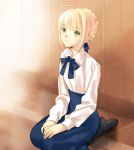  1girl ahoge blonde_hair casual fate/stay_night fate_(series) green_eyes kneeling pantyhose saber smile solo tam_(cuq) 