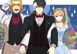  1girl 2boys akira_kira alternate_costume black_hair blue_dress blue_eyes bouquet bowtie breasts brown_hair cleavage dress earrings elbow_gloves flipped_hair flower formal gloves gouzou_ban gyakuten_saiban gyakuten_saiban_5 hair_between_eyes hair_ribbon jewelry kizuki_kokone long_hair multicolored_hair multiple_boys necktie ponytail ribbon salute side_ponytail sideburns smile suit sunglasses tuxedo two-tone_hair white_gloves white_hair yuugami_jin 