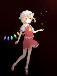  1girl ankle_cuffs ascot black_background blonde_hair blouse flandre_scarlet full_body highres light_particles looking_up mob_cap nekoze open_mouth outstretched_hand red_eyes shoes short_hair simple_background skirt skirt_set socks solo touhou vest wings 