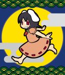  1girl animal_ears barefoot black_hair carrot chibi clouds dress egasumi full_moon grin inaba_tewi kide_koushin moon night outstretched_arms rabbit_ears red_eyes seigaiha short_hair smile solo touhou 