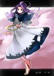  1girl barefoot capelet dated dress hood hoop kesa kumoi_ichirin letterboxed long_sleeves namauni purple_hair skirt smile solo touhou violet_eyes wide_sleeves 