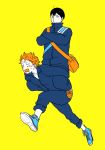  2boys bag black_hair blush crossed_legs gimme haikyuu!! hinata_shouyou kageyama_tobio male messenger_bag multiple_boys orange_hair pants pants_rolled_up piggyback riding running shoes short_hair shoulder_bag sneakers sweat track_jacket veins yellow_background 