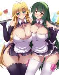  2girls absurdres bare_shoulders black_legwear blonde_hair blue_eyes breasts brown_eyes checkered checkered_background cleavage curvy dream_c_club green_hair highres huge_breasts long_hair looking_at_viewer multiple_girls panties pink_panties side-tie_panties smile striped striped_panties thick_thighs thigh-highs thighs touhoku_zunko tray tsurumaki_maki underwear white_legwear wide_hips yuzumiya_mono 