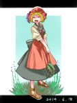  1girl aki_minoriko anklet apron blonde_hair bow closed_eyes dated food fruit full_body grapes hat_ornament highres holding jewelry leaf letterboxed long_skirt mob_cap namauni plant puffy_short_sleeves puffy_sleeves sandals short_hair short_sleeves simple_background skirt smile solo standing sweat sweatdrop touhou waist_apron watermelon yellow_shirt 